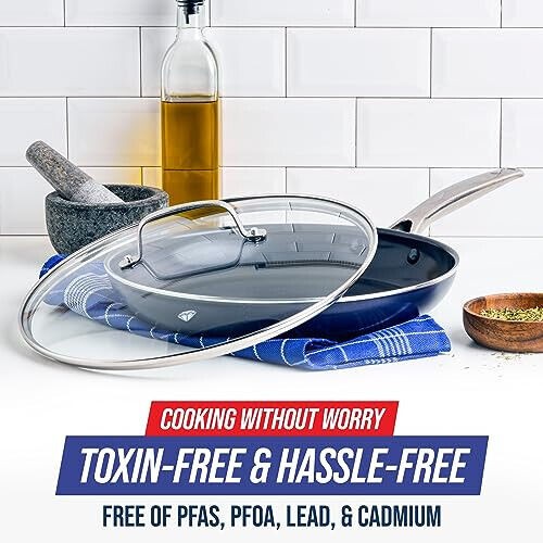 Blue Diamond 12″ Nonstick Frying Pan with Lid, Diamond Infused PFAS & PTFE-Free
