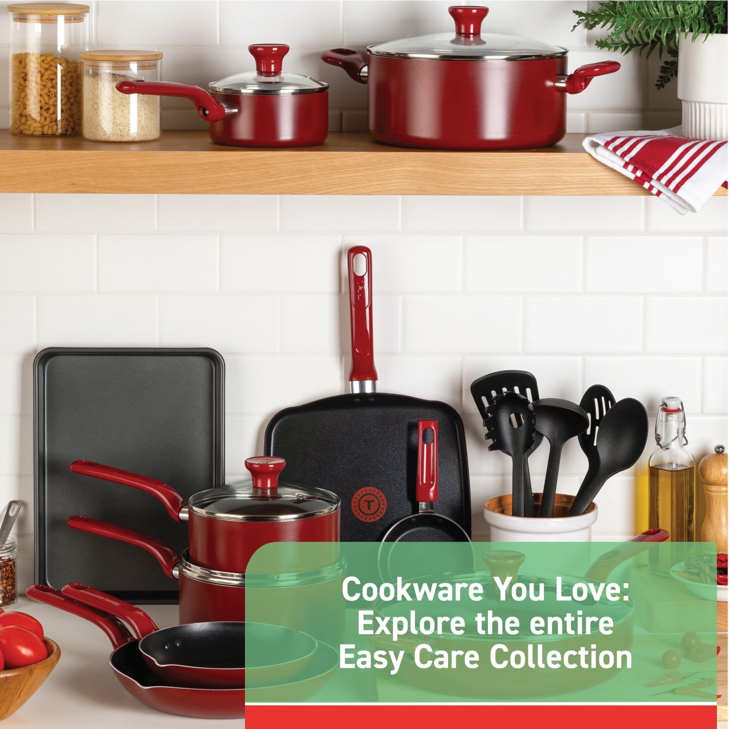 Easy Care, 20 Piece Non-Stick Pots and Pans Cookware Set, Red