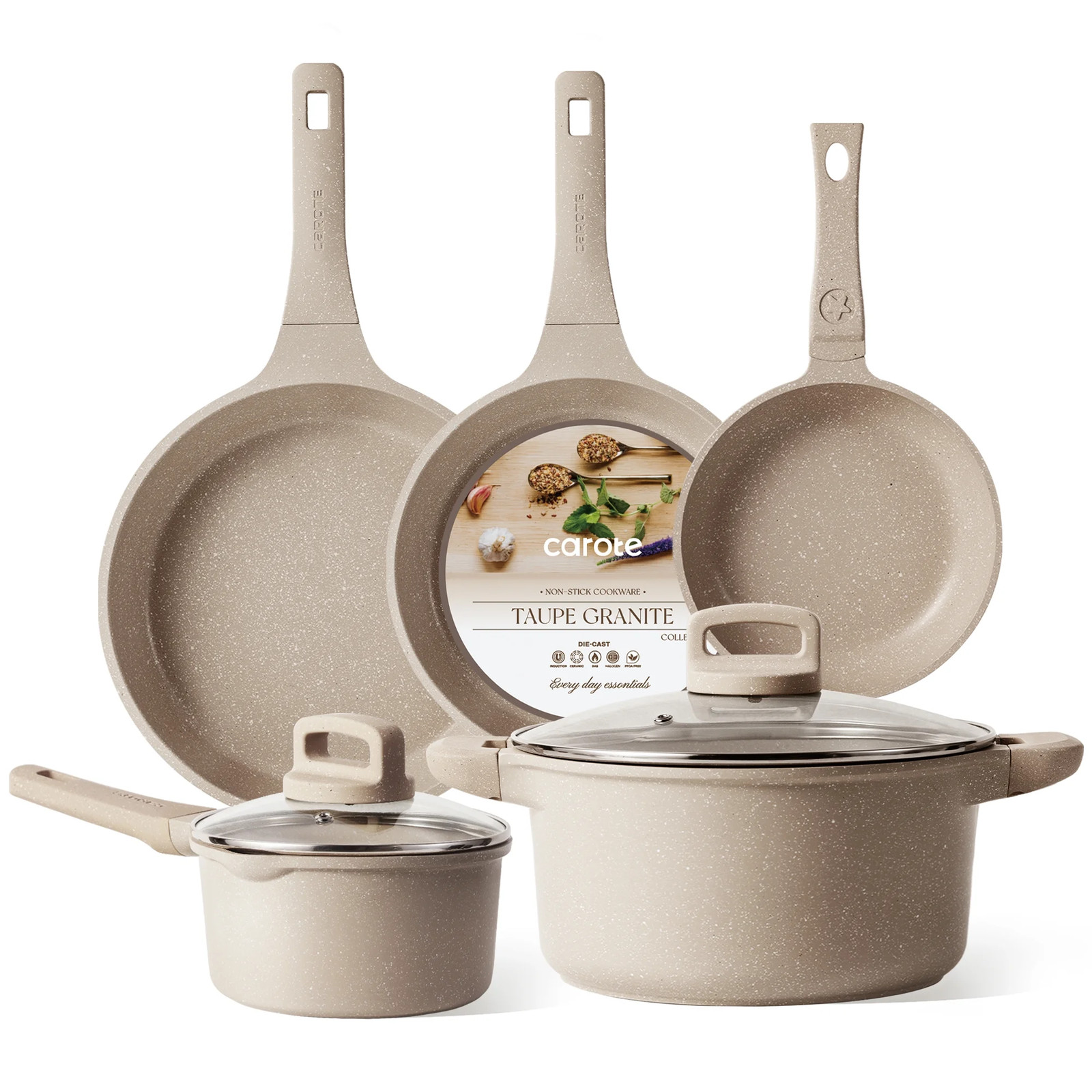 Carote 7-Piece Nonstick Cookware Complete Set, Induction Ready, Taupe Granite