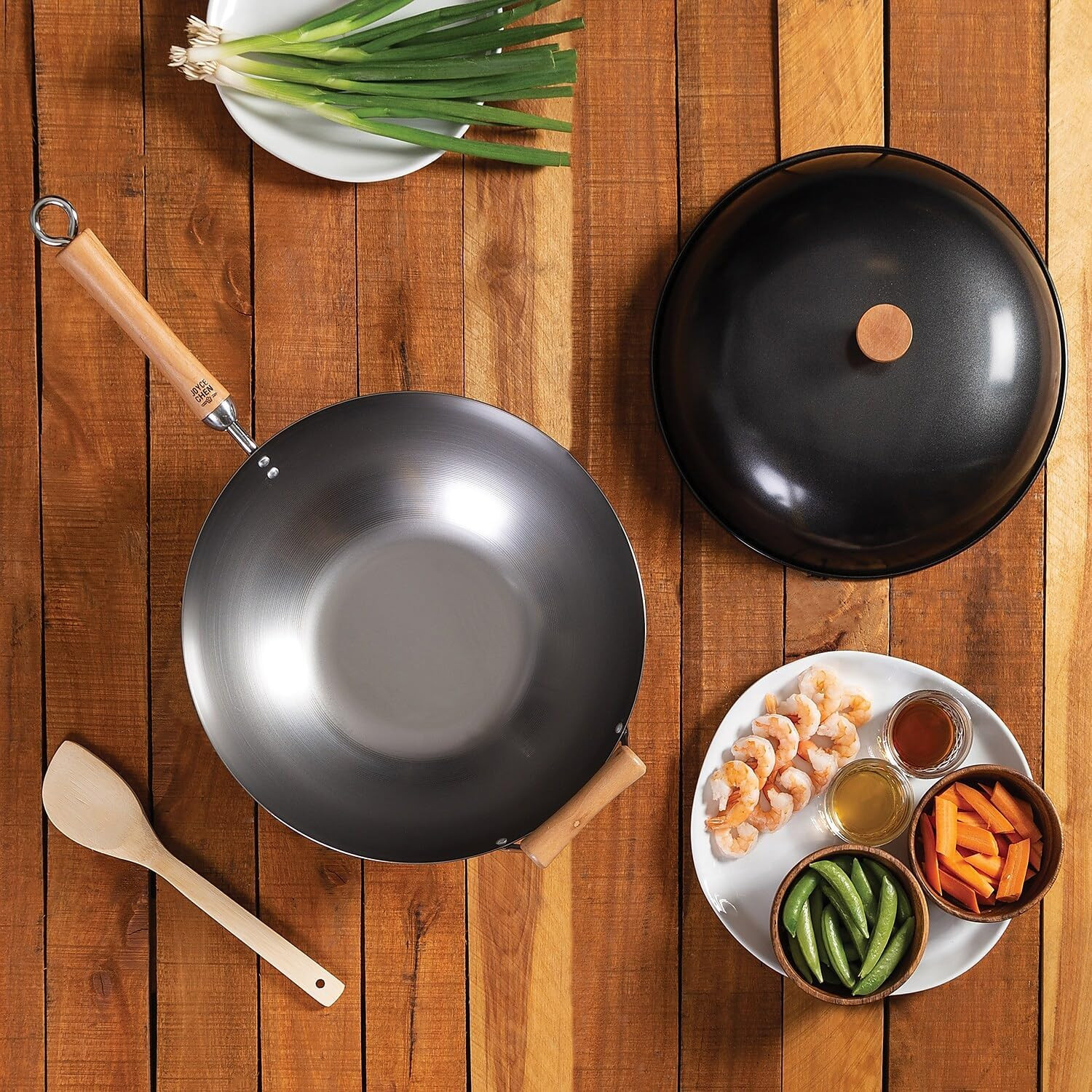 JOYCE CHEN Classic Series 14-Inch Uncoated Carbon Steel Wok Set with Lid and Bir