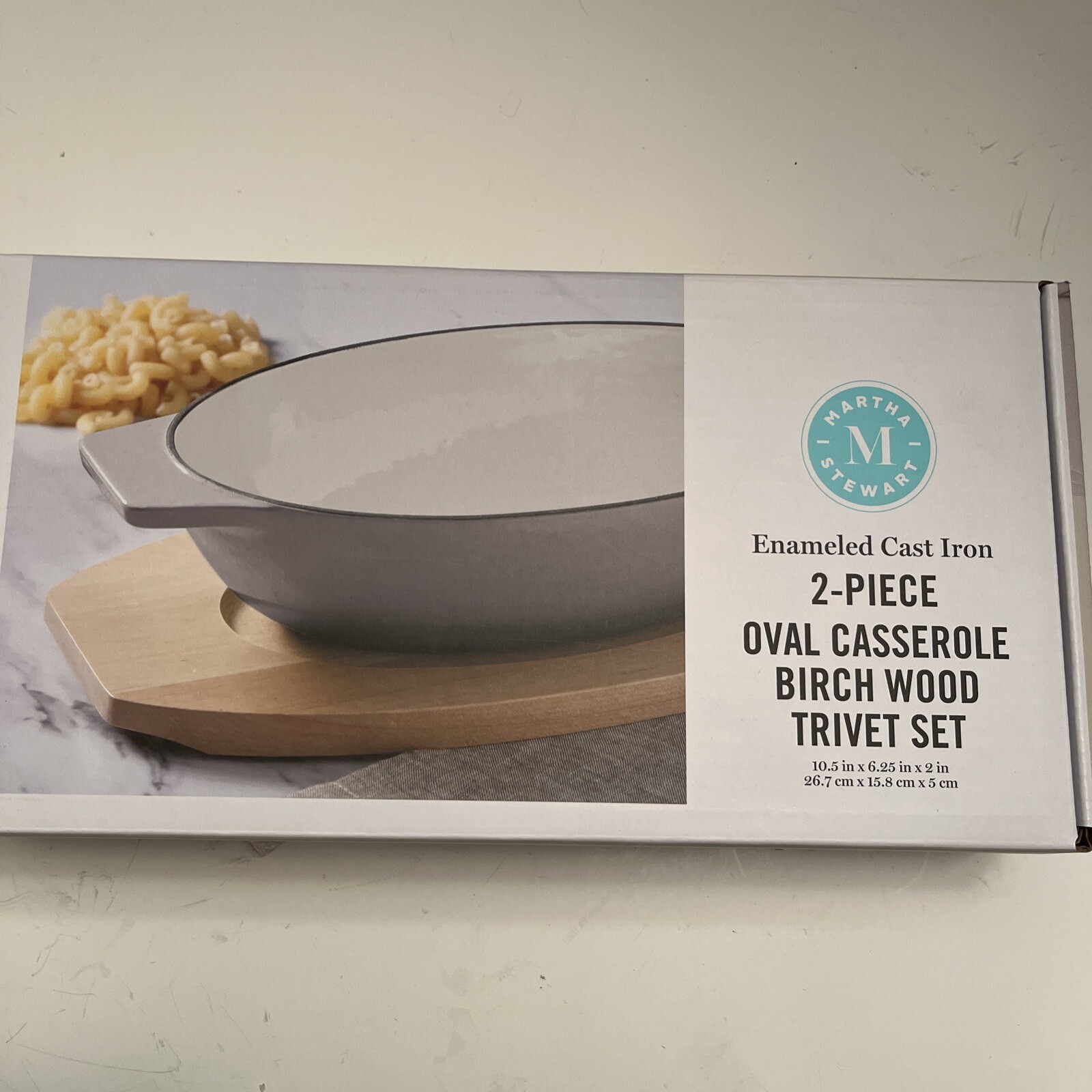 Martha Stewart 2 Piece Cast Iron Oval Au Gratin Casserole Birch Wood Trivet Set