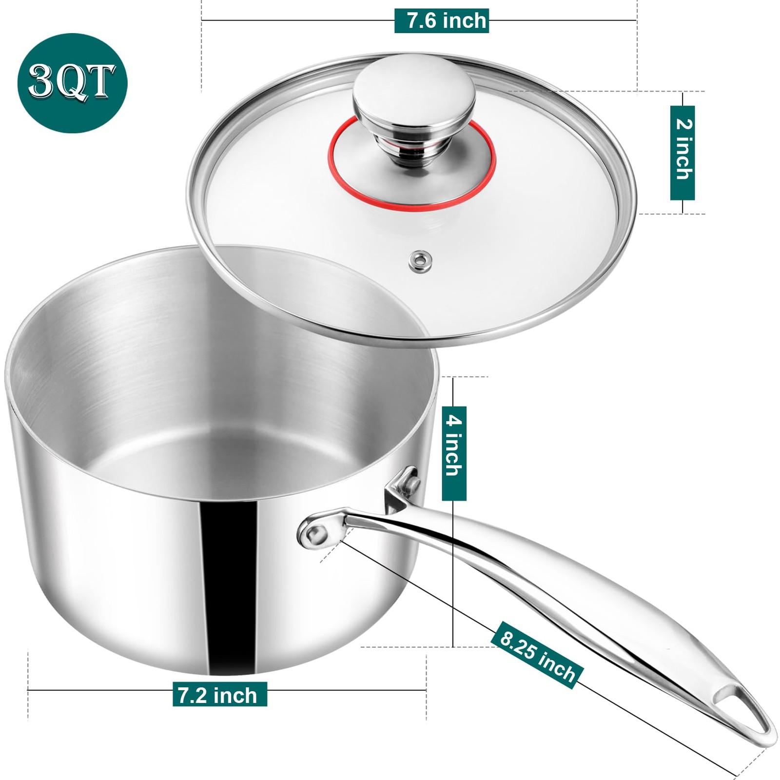 TeamFar 3qt Saucepan with Lid, Stainless Steel Tri-ply Pasta Sauce Milk Pan Smal