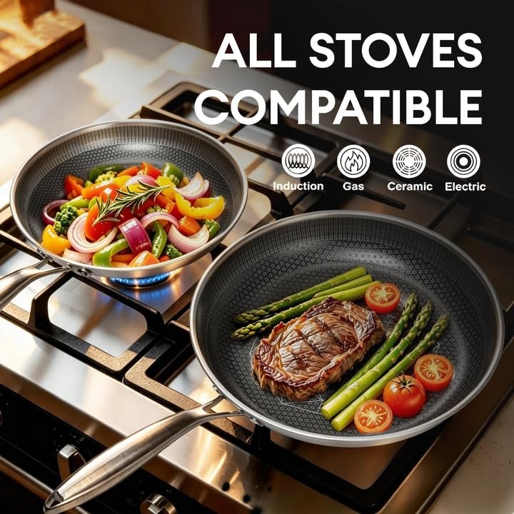 12-Inch Pan, Hybrid Nonstick Frying Pan – 3-Ply Clad Stainless Steel 12 Inch