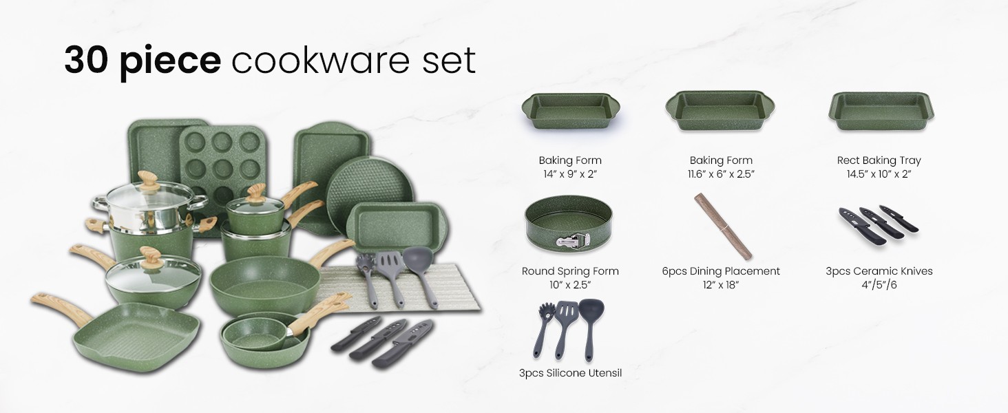 Green Pots and Pans Set Non Stick, 30 Piece Induction Kitchen Cookware Sets for