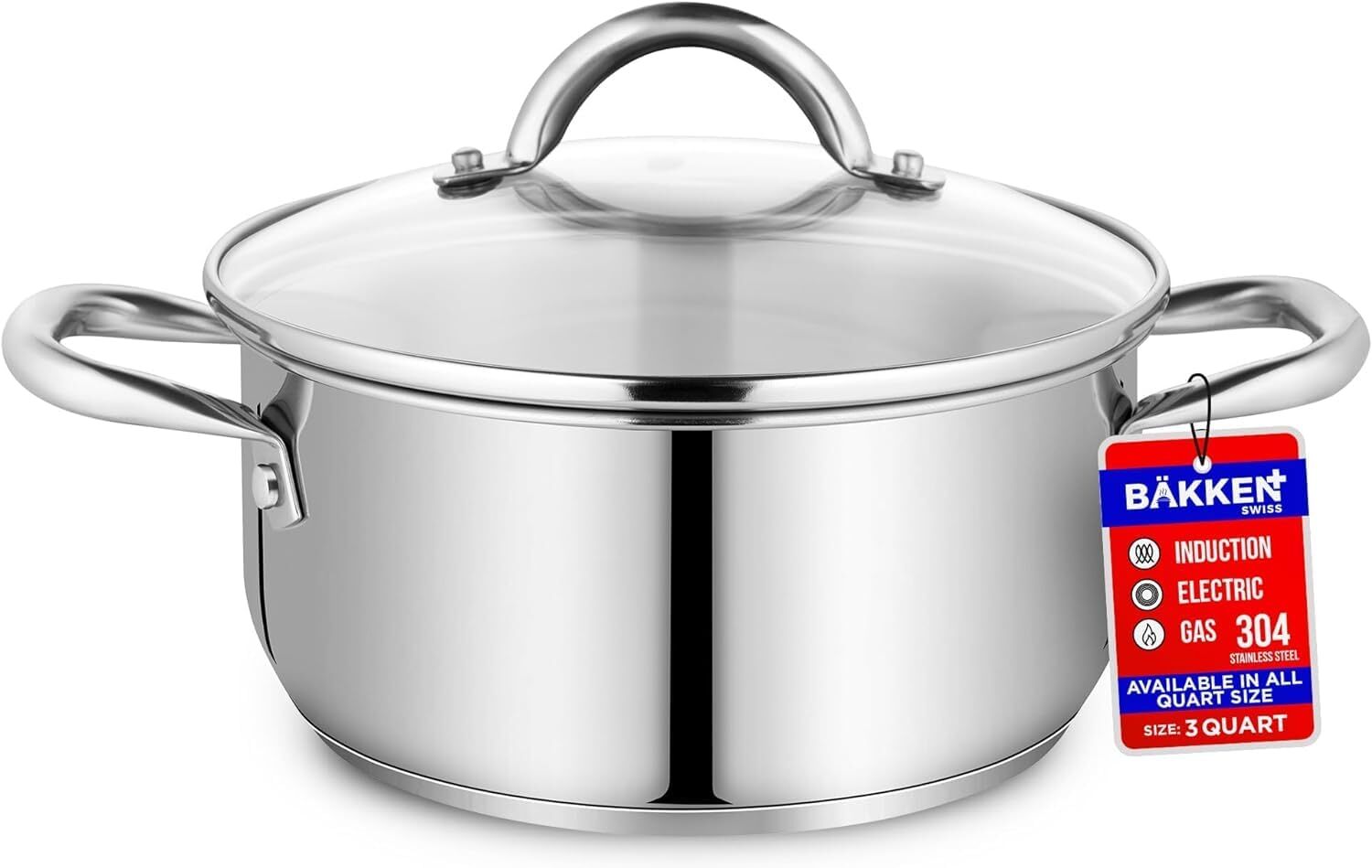 Bakken-swiss, Deluxe, 3-quart, Stainless Steel, Stockpot, Tempered Glass Lid