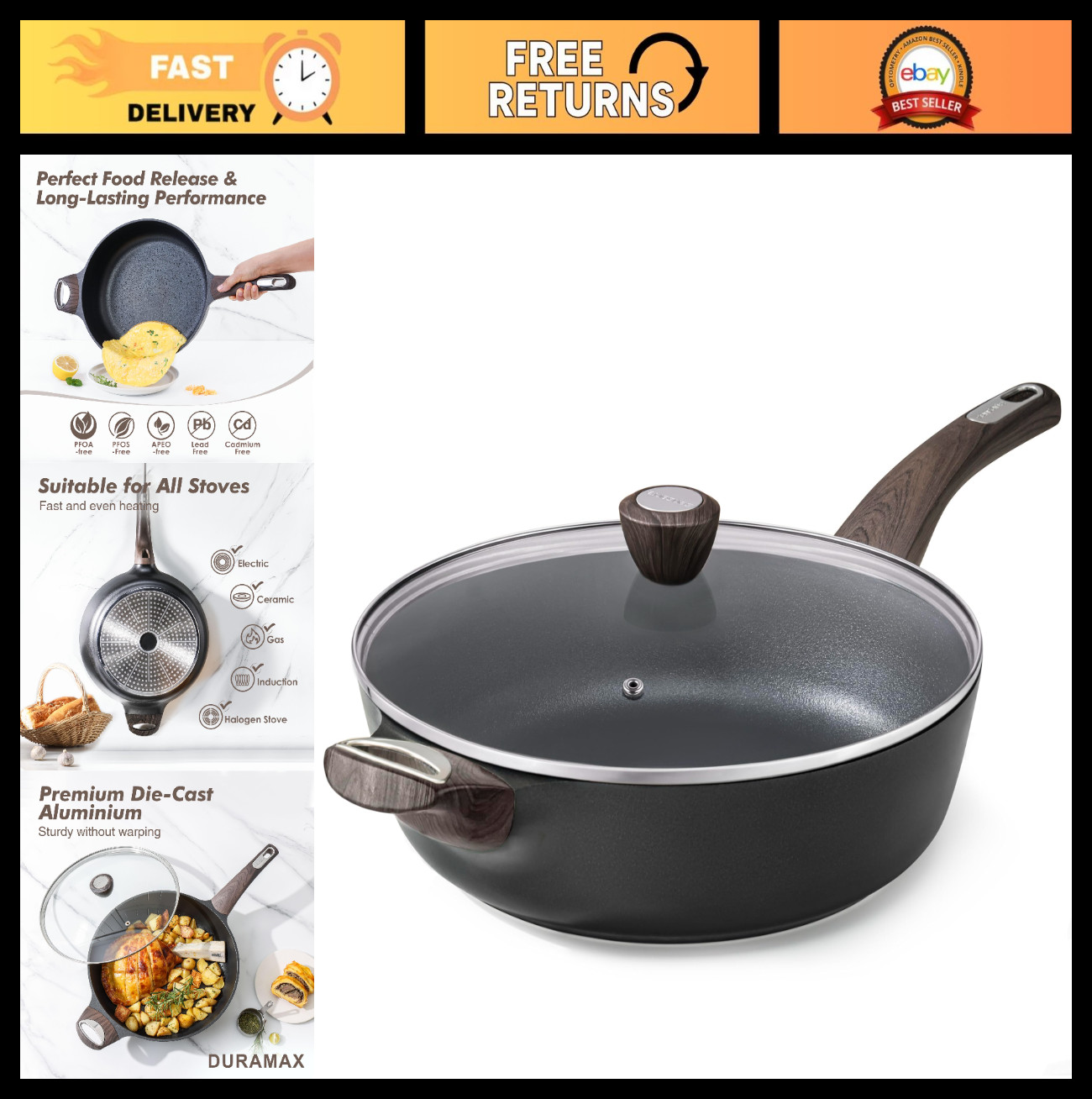 12″ Nonstick Frying Pan with Lid, 5Qt Deep Skillet, Induction Saute Pan, Healthy