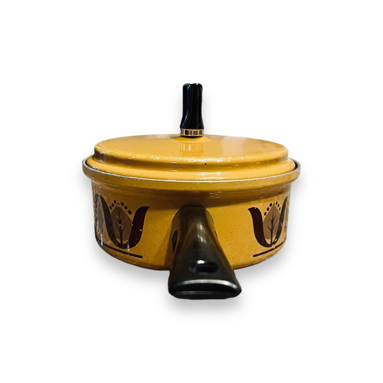 Ekco Eterna Mustard Brown Pan with Lid 7in Diameter Enamel Retro 70’s Vintage