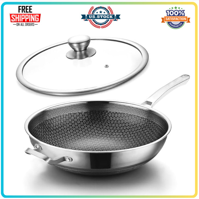 14 Inch Hybrid Nonstick Wok w Lid, Induction Stainless Steel,PFOA Free Cookware