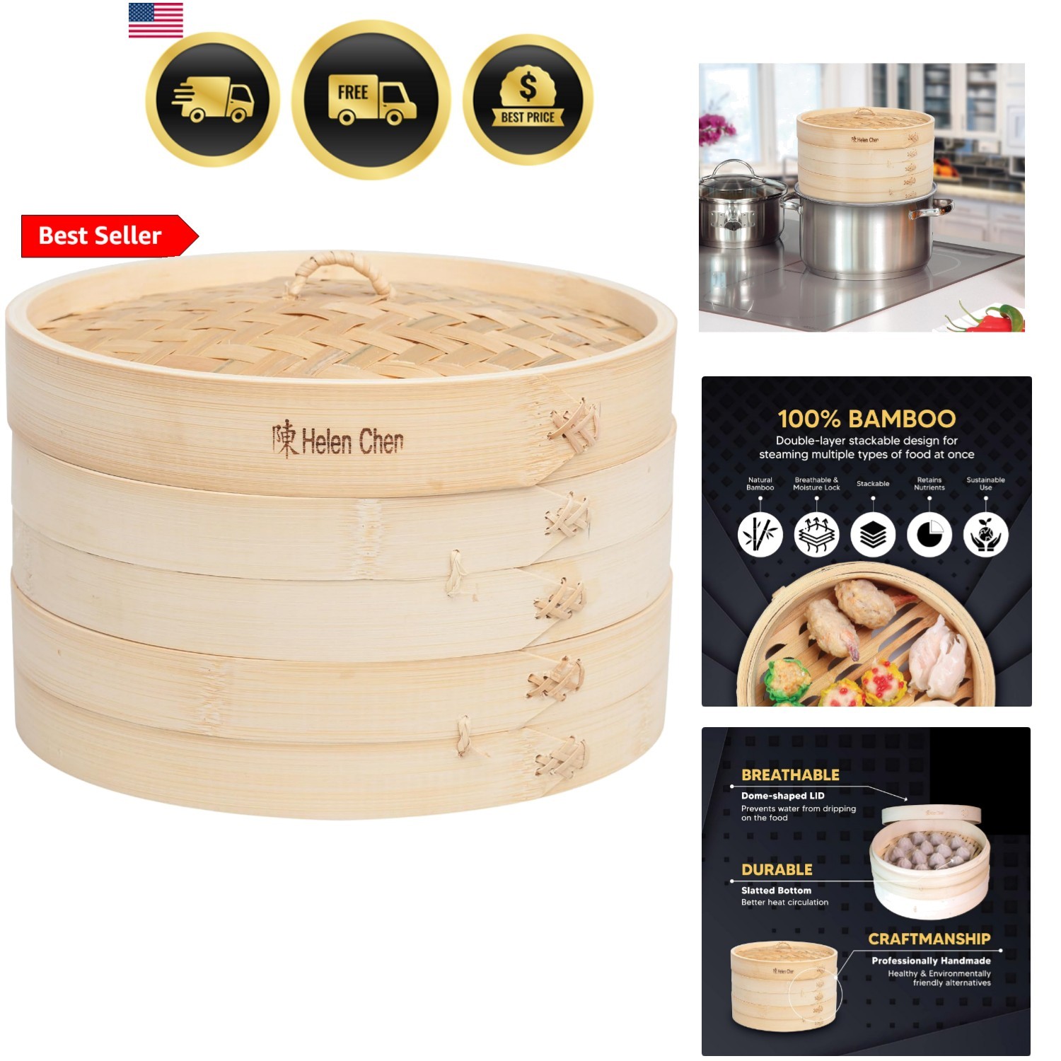 Bamboo Food Steamer with Lid – 100% Natural Bamboo – Basket Steamers for Cook…
