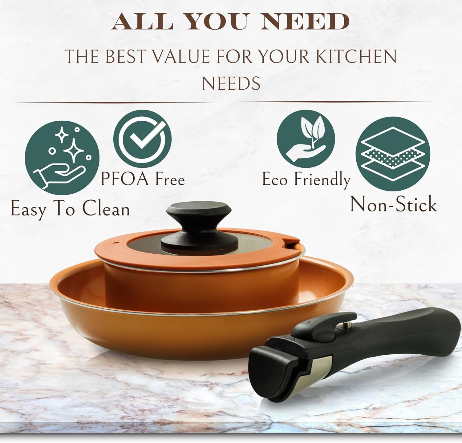 Elegant 7-Pc Copper Nonstick Pots and Pans Set – Removable Handles & Stackable