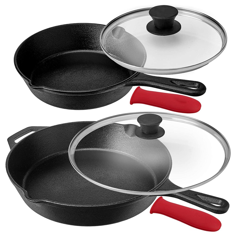 Megachef Mcci-460 Pre-Seasoned 6 Piece Cast Iron Skillet Set Lids And Red