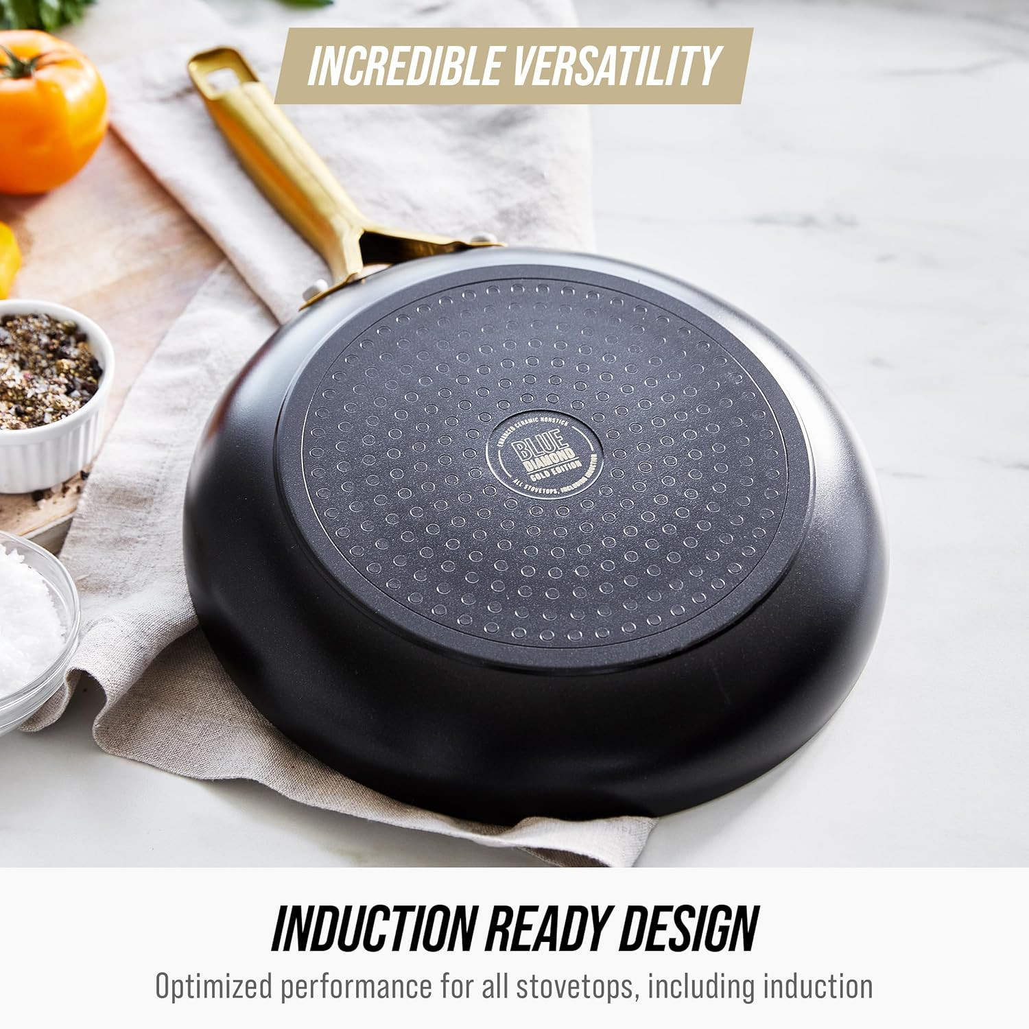 Gold 14 Piece Cookware Pots and Pans Set, Induction Suitable, Diamond Infused PF