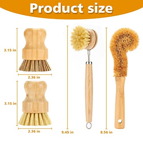 Bamboo Dish Brushes Sets 4 Tools in One Kitchen Clean Dish Scrubber for Pots