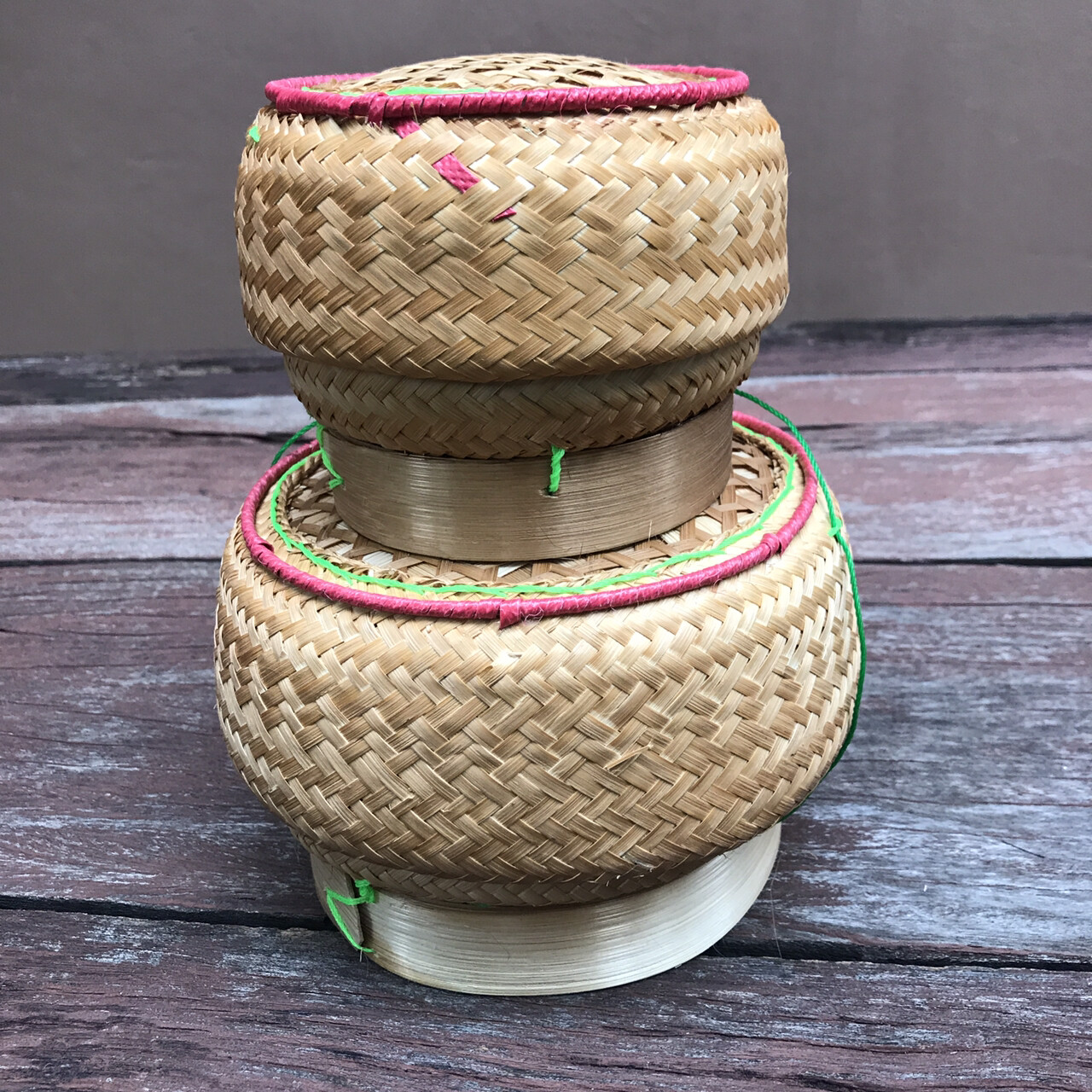 Vintage Thai Handicraft Kratip Sticky Rice Serving Natural Brown Bamboo Basket