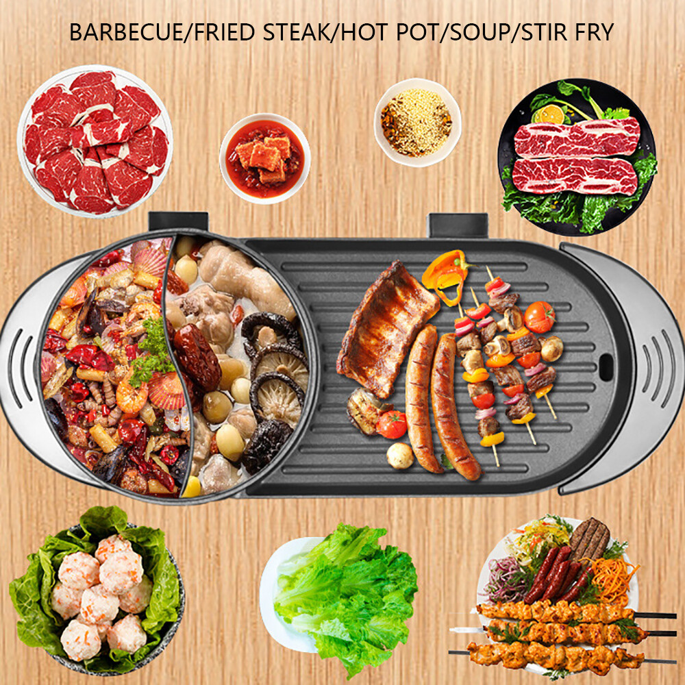 2 In 1 Hot Pot Barbecue Grill Portable Electric Non-stick Teppanyaki Pan Soup