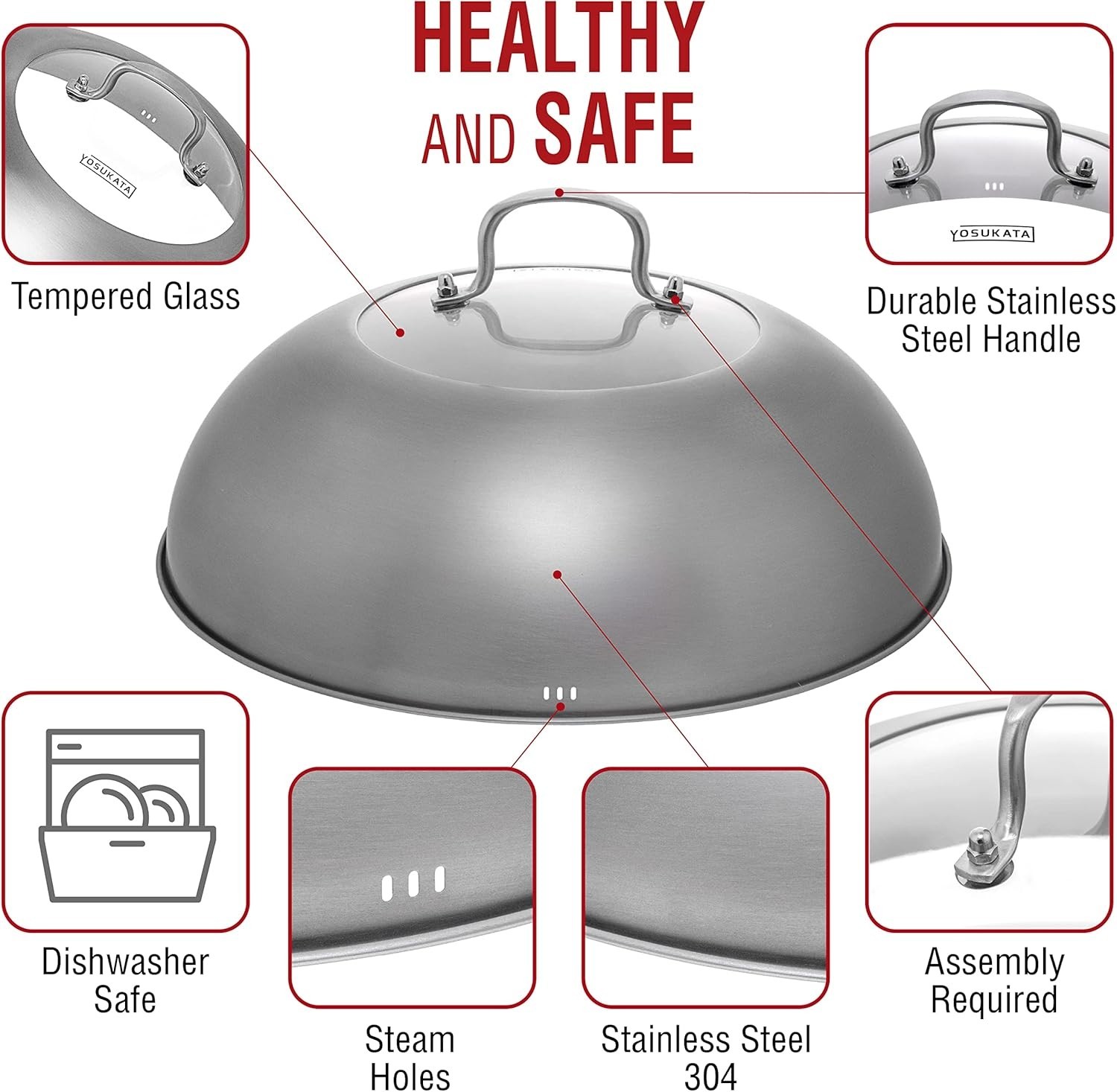 Wok Lid 12.8 In for 13.5-In Wok – Stainless Steel Cover with Tempered Glass …