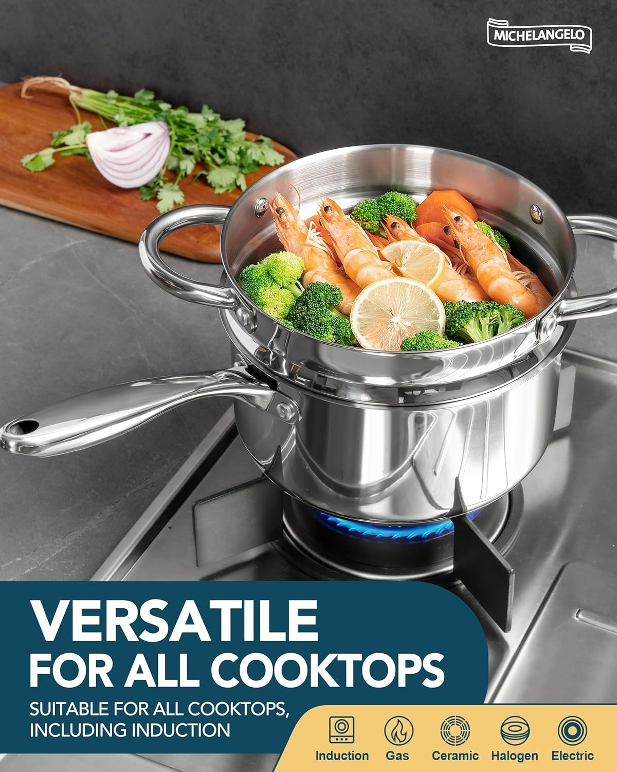 1.5 Quart Saucepan with Steamer, Stainless Steel Saucepan with Lid, Triply