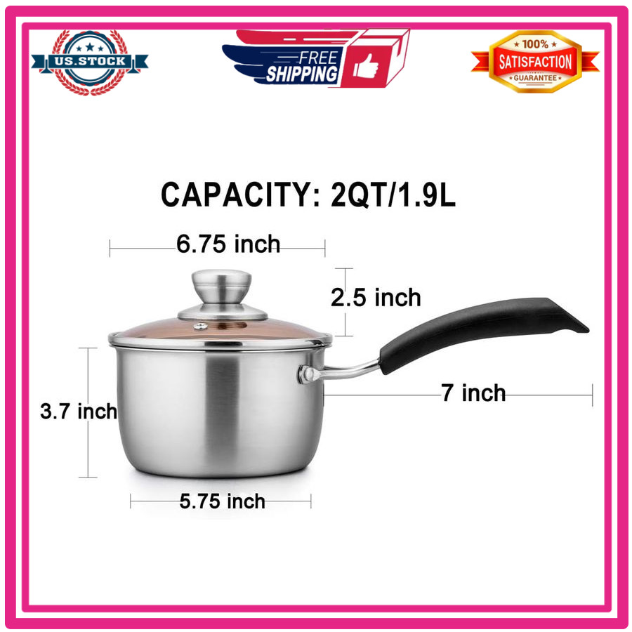 TeamFar 2QT Stainless Steel Saucepan with Lid Milk Pan Heatproof Handle