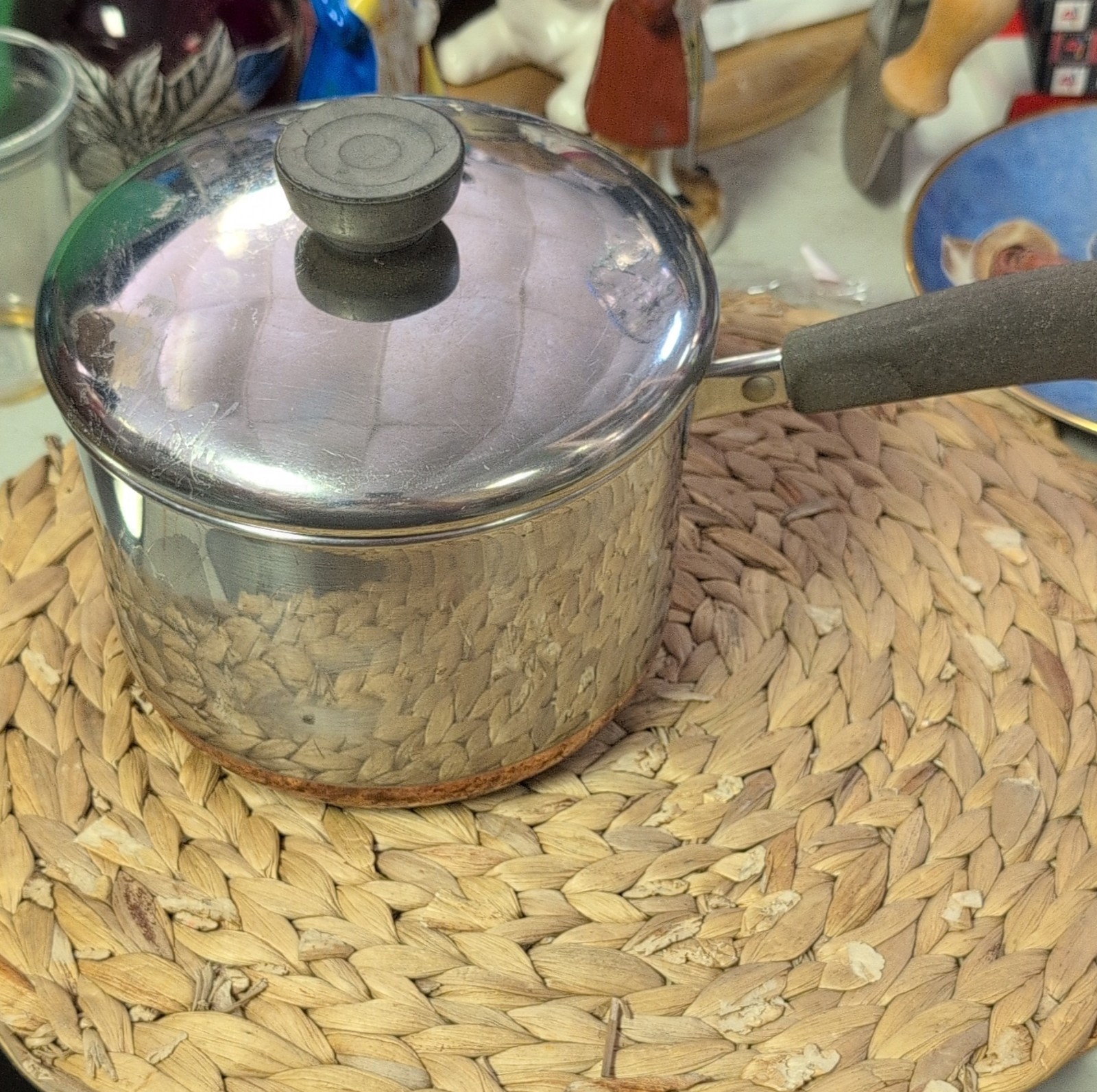 Stainless Steel Copper Saucepan 2 qt Lid Long Handle Silver Round Gas Electric