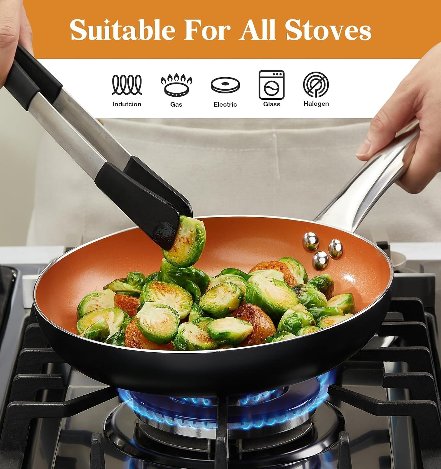10in Copper Nonstick Frying Pans with Lids and Titanium Ceramic Interior,100%…