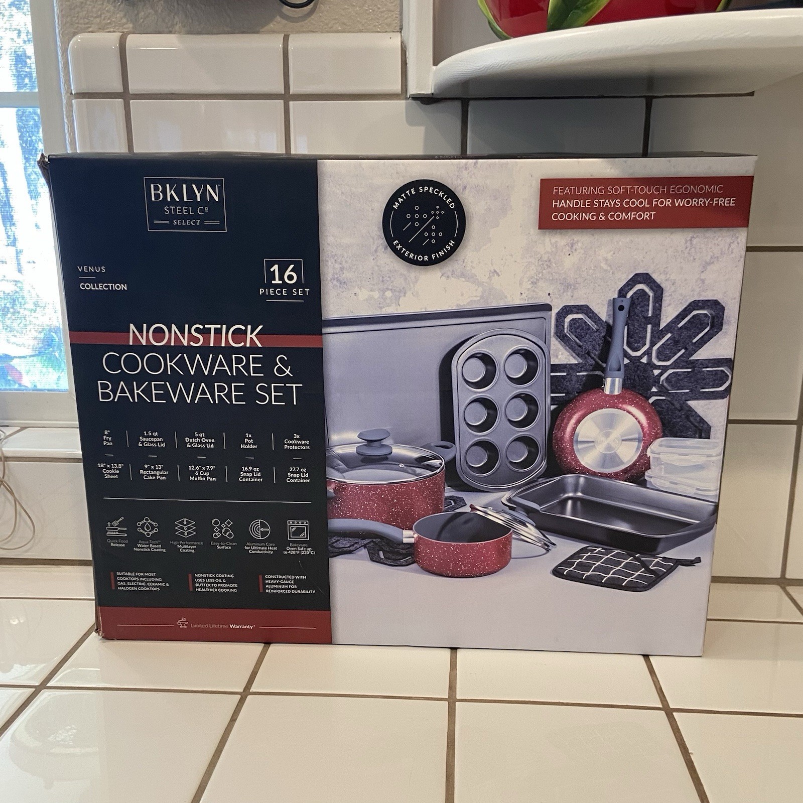 New Bklyn Brooklyn Steel Co Venus Nonstick Aluminum 16-Pc Cookware Bakeware Red