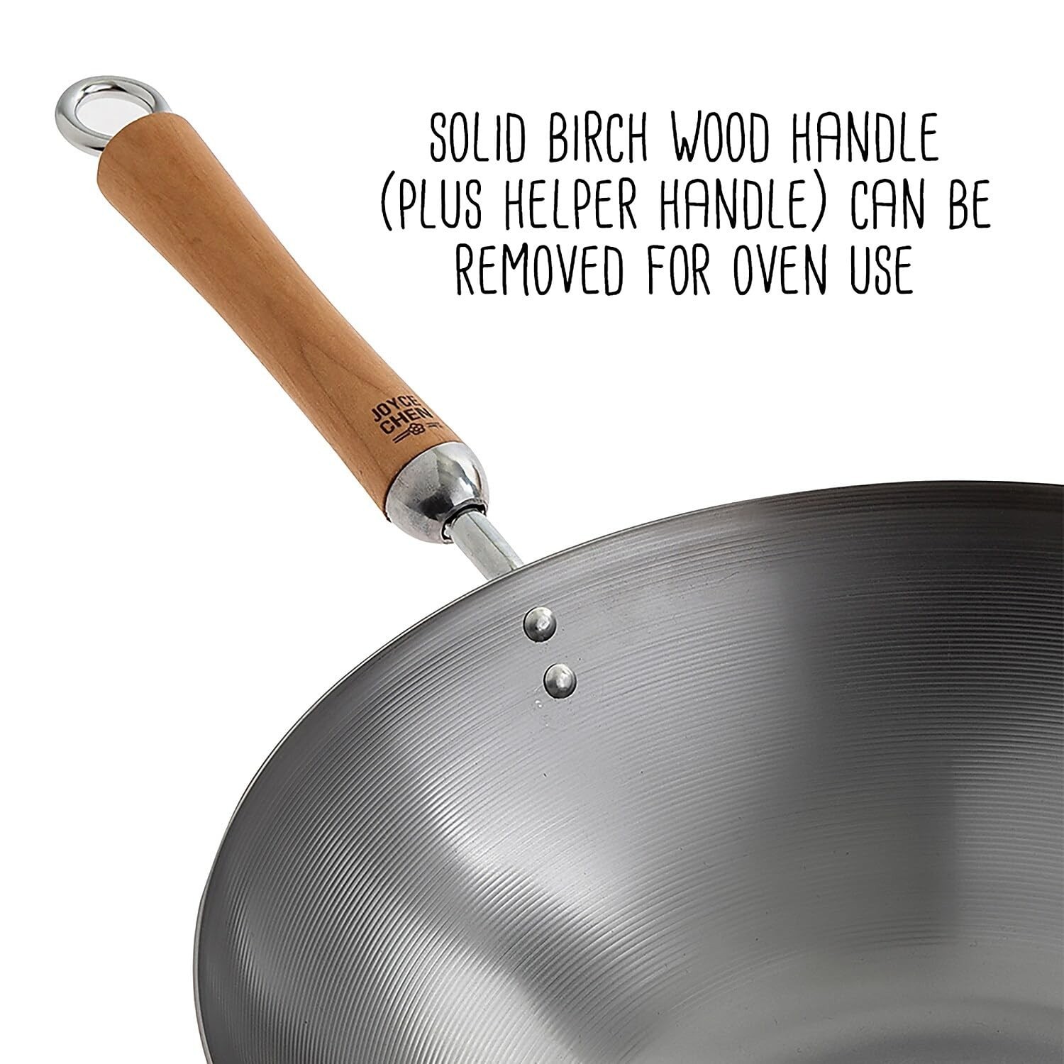 JOYCE CHEN Classic Series 14-Inch Carbon Steel Wok Set with Lid Birch Handles