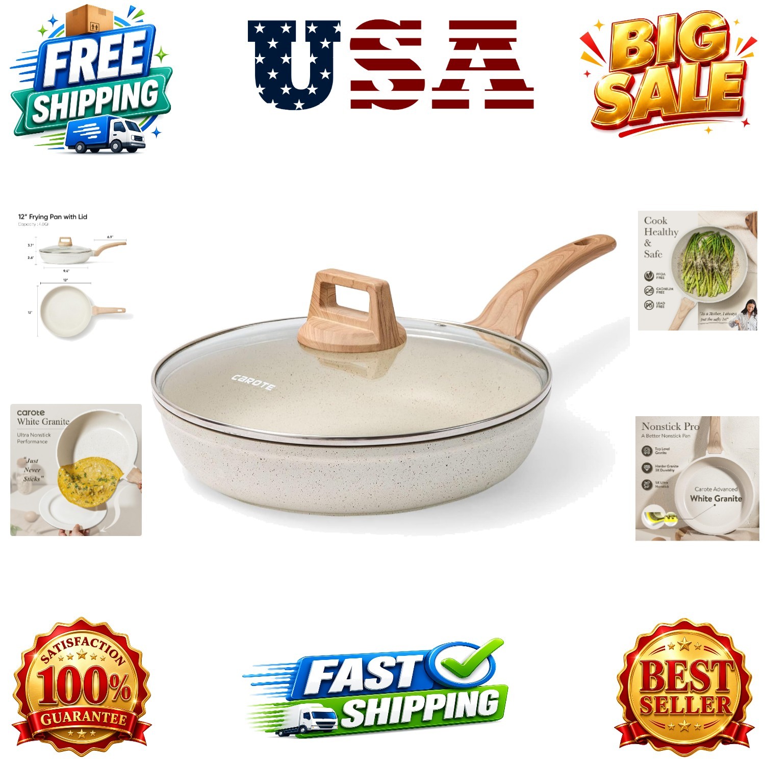 12 Inch Non Stick Frying Pan with Lid,White Granite Nonstick Skillet Omelet P…