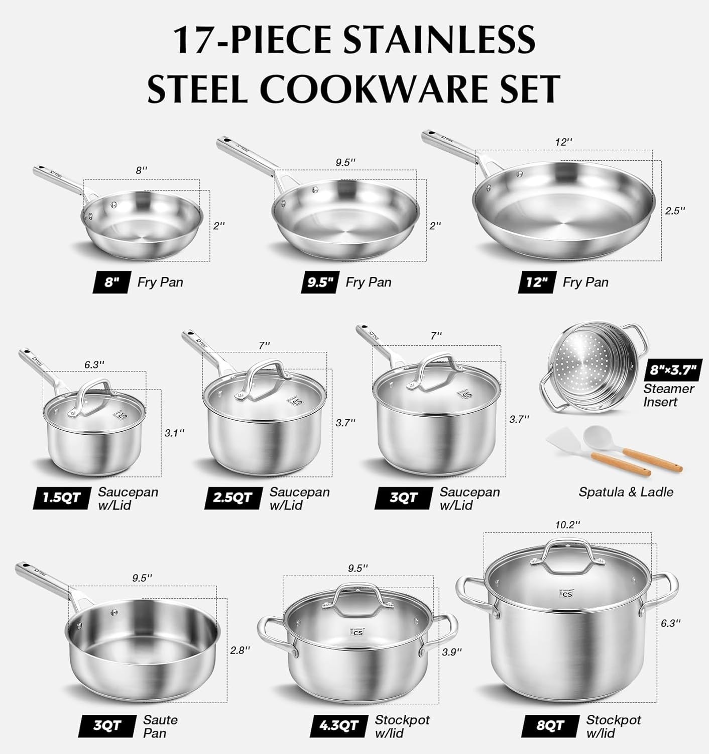 Stainless Steel Cookware Set 17 Piece, Professional 18/10 Stianless Steel Pots a