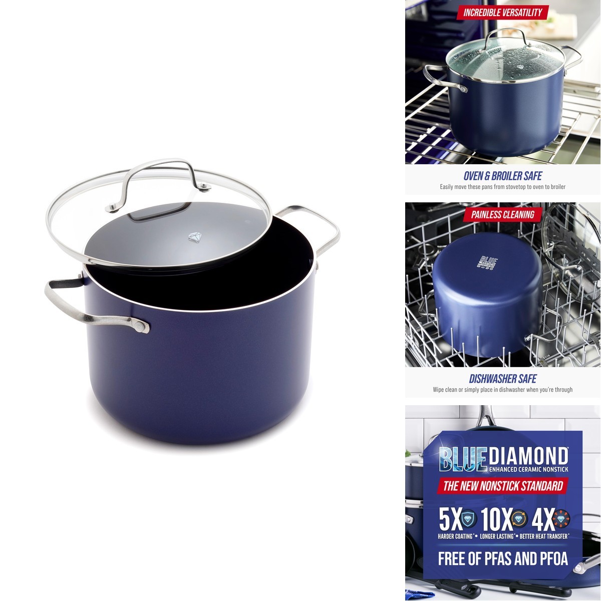 Blue Diamond 8Qt Nonstick Stockpot Glass Lid Pfas-Free Ceramic Multipurpose