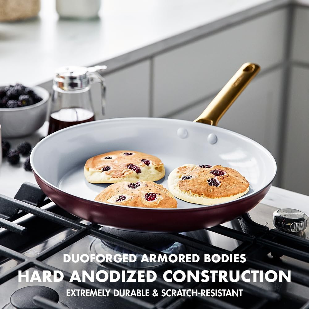 Healthy Ceramic Nonstick Frying Pan Set, 8″, 10″, 12″, Gold Handle, PFAS-Free