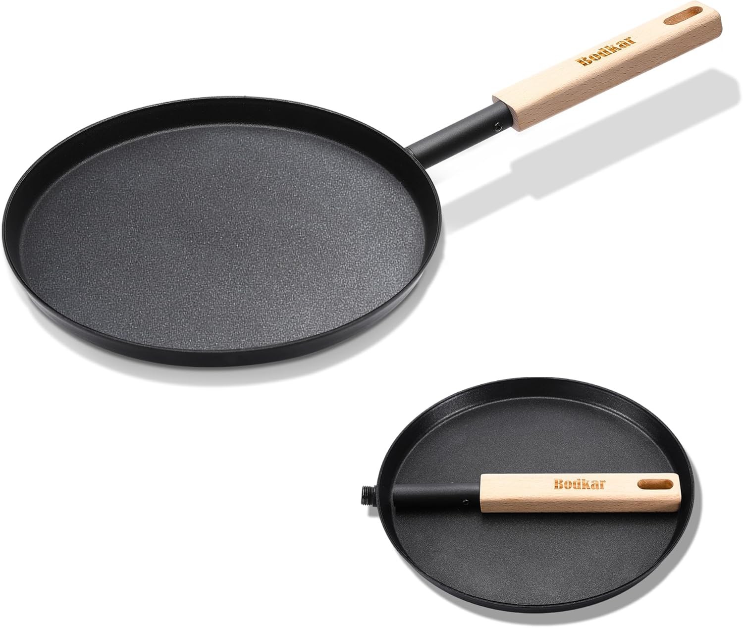 8″ Frying Pan Skillet Flat Griddle Lightweight with Wooden Handle Camping