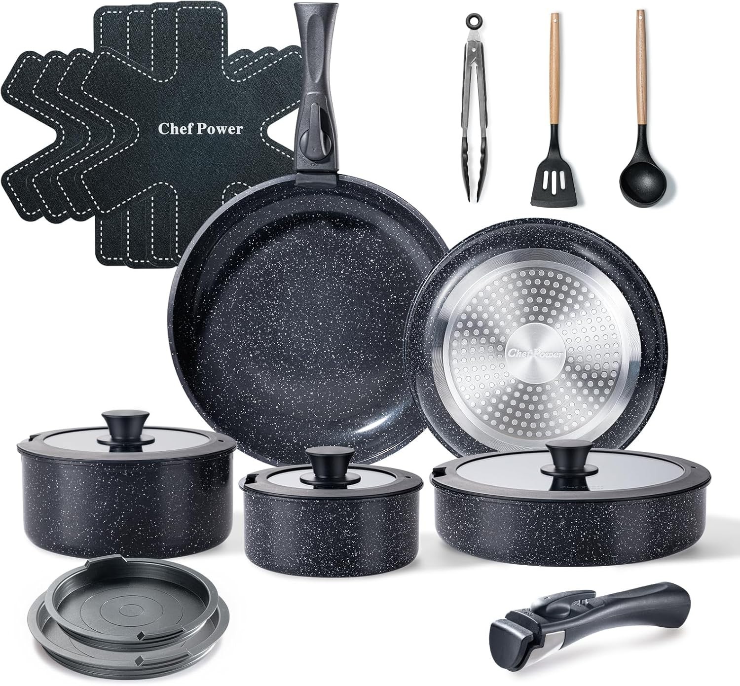 Chef Power Ceramic Nonstick Cookware Set 19 Piece with Detachable Handle, Induct