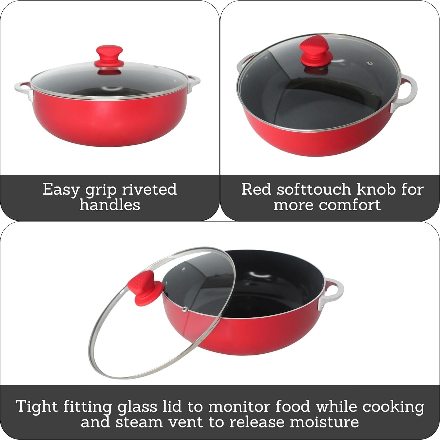 6.9QT Red Aluminum Dutch Oven Caldero Ceramic Nonstick Glass Lid Large Pot