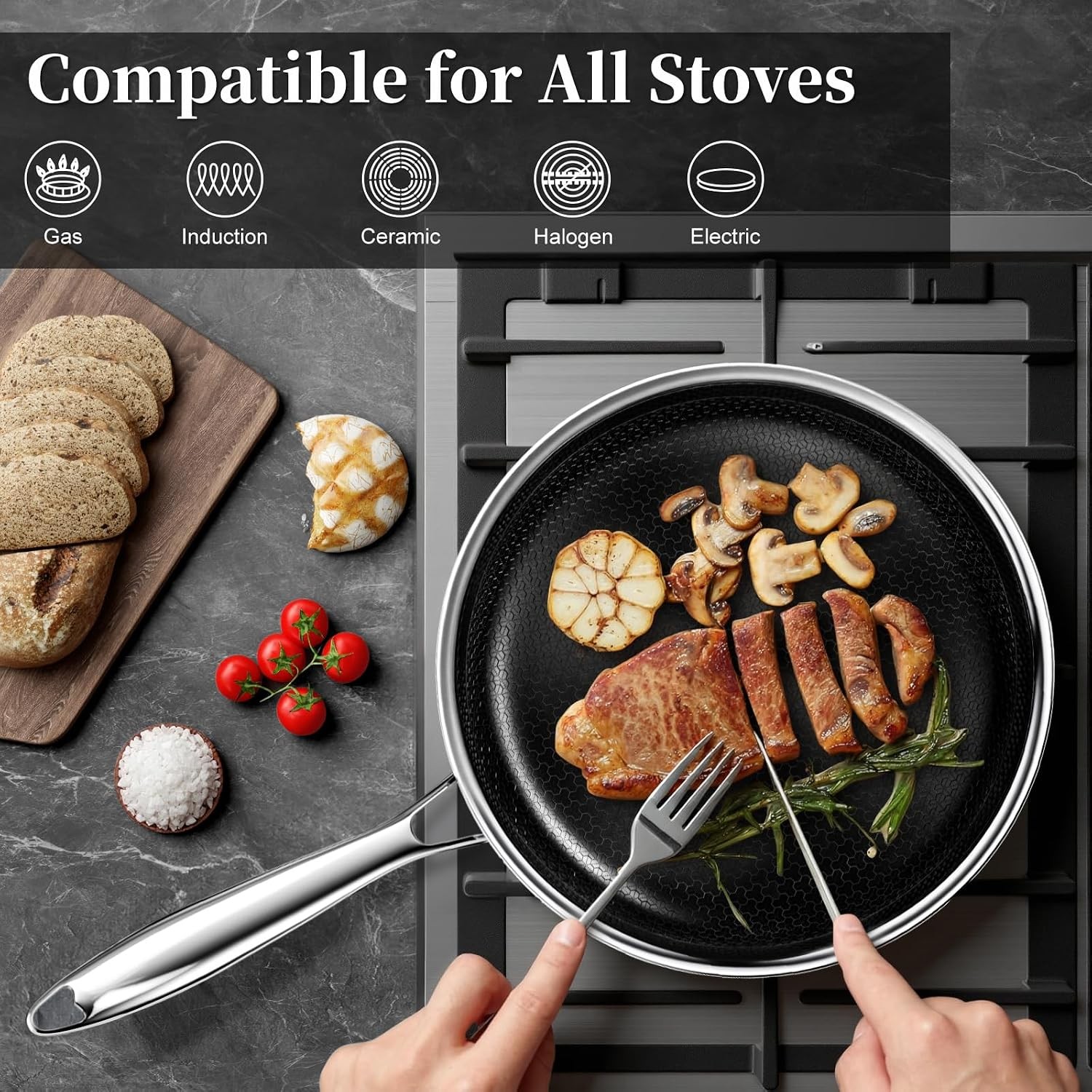8 Inch Nonstick Frying Pan with Lid, Titanium Ceramic Tri-Ply Stainless Steel No
