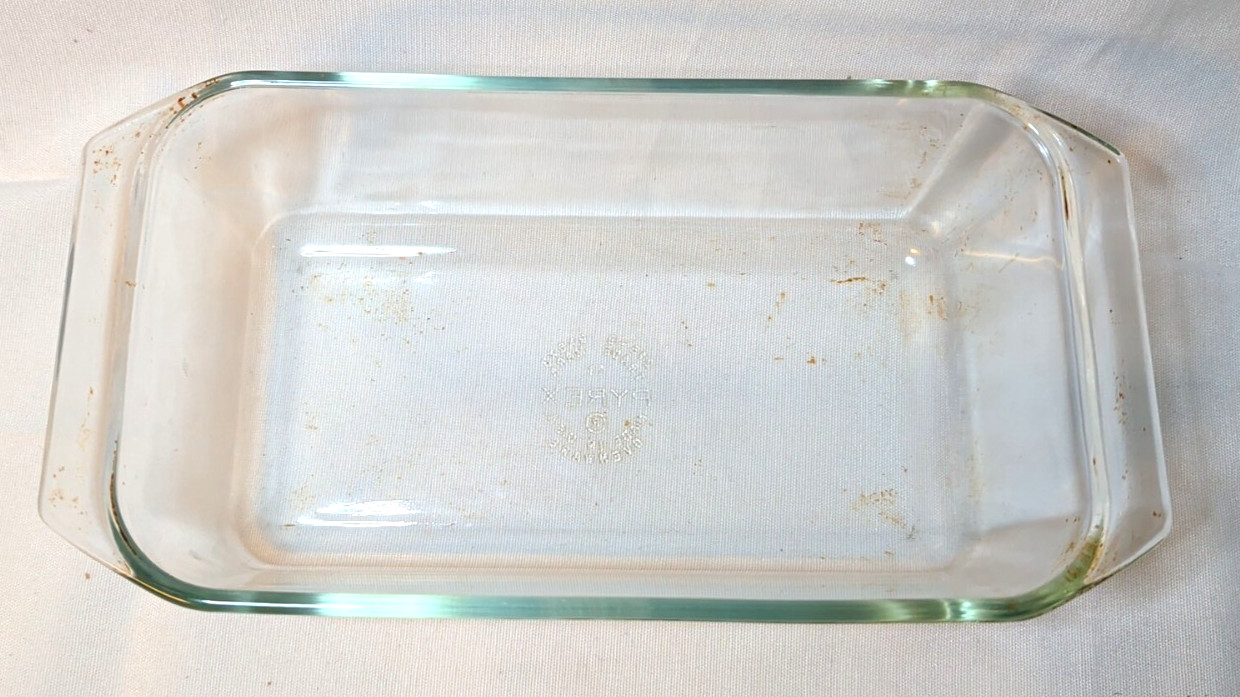Vintage 70s PYREX #215 Clear Glass 9×5″ Bread Loaf Baking Dish ~Wide Handles USA