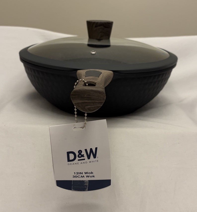 D&W Deane & White Wok 12” Gray Non-Stick Long Wooden Handle NWT