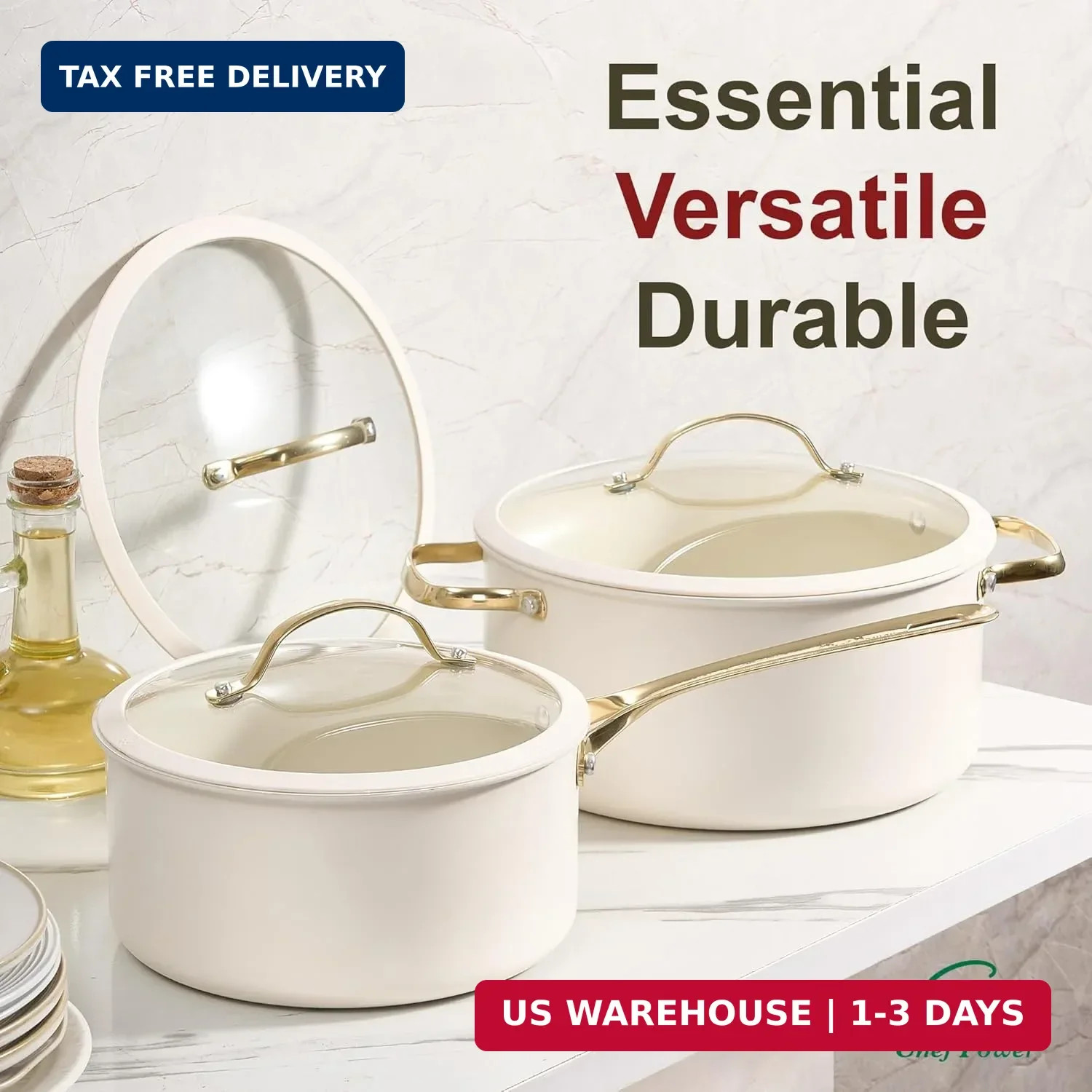 Chef Power Ceramic Cookware Sets, 15Pcs Pots and Pans Set Non Stick, Cookware Se