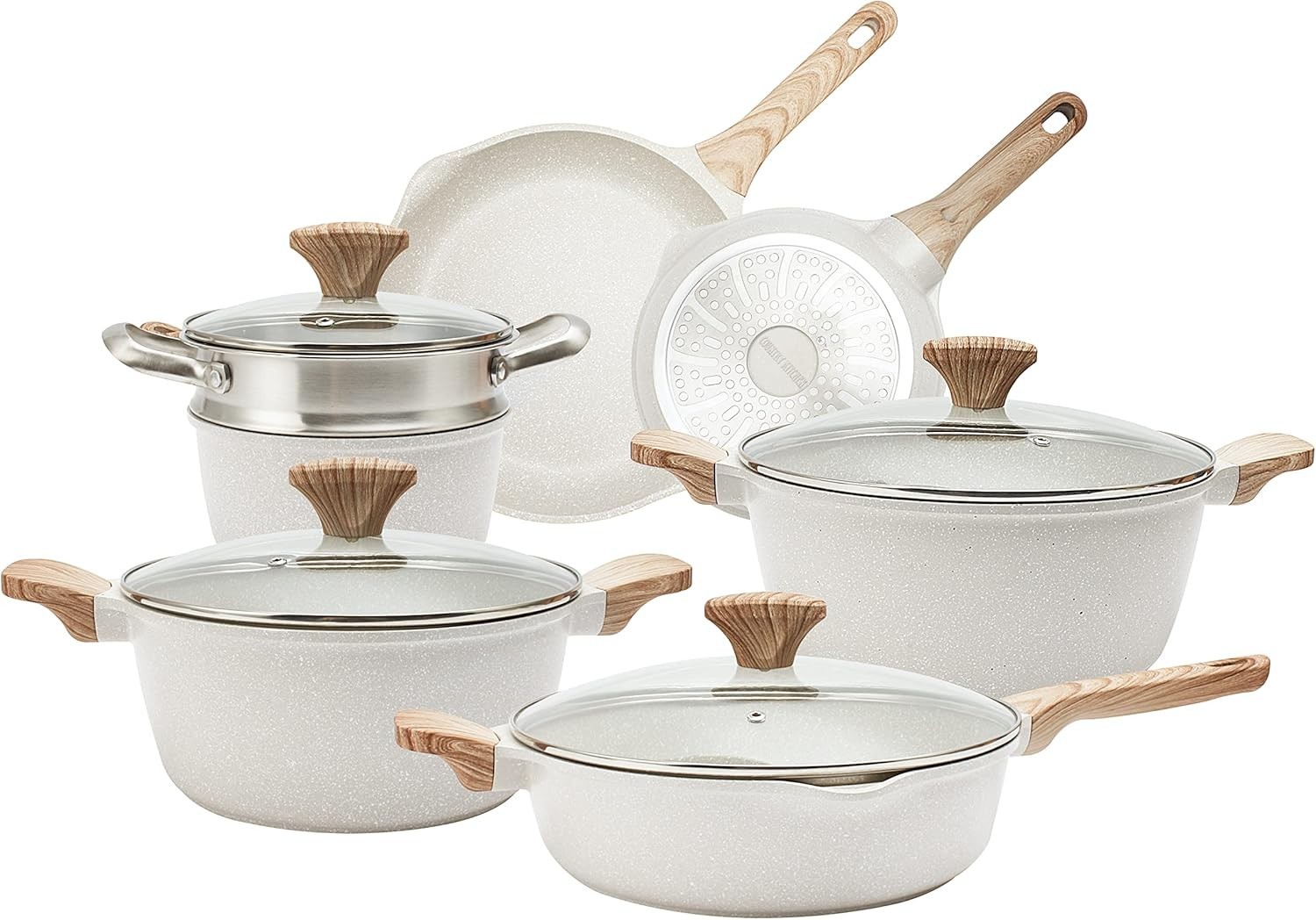 11pc Non-Stick Cast Aluminum Cookware Set – Durable Kitchen Cookware, Cream
