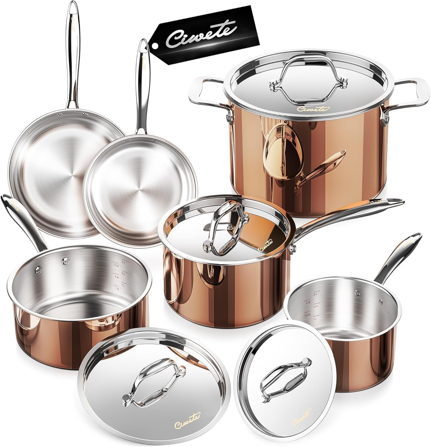 Ciwete Tri-ply 18/10 Stainless Steel 10 Pcs Copper Cookware Set (Open Box)