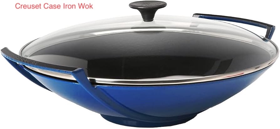 Le Creuset Cobalt Cast Iron Wok With Glass Lid 5 Qt Blue New In Box 14 1/4″ Dia.