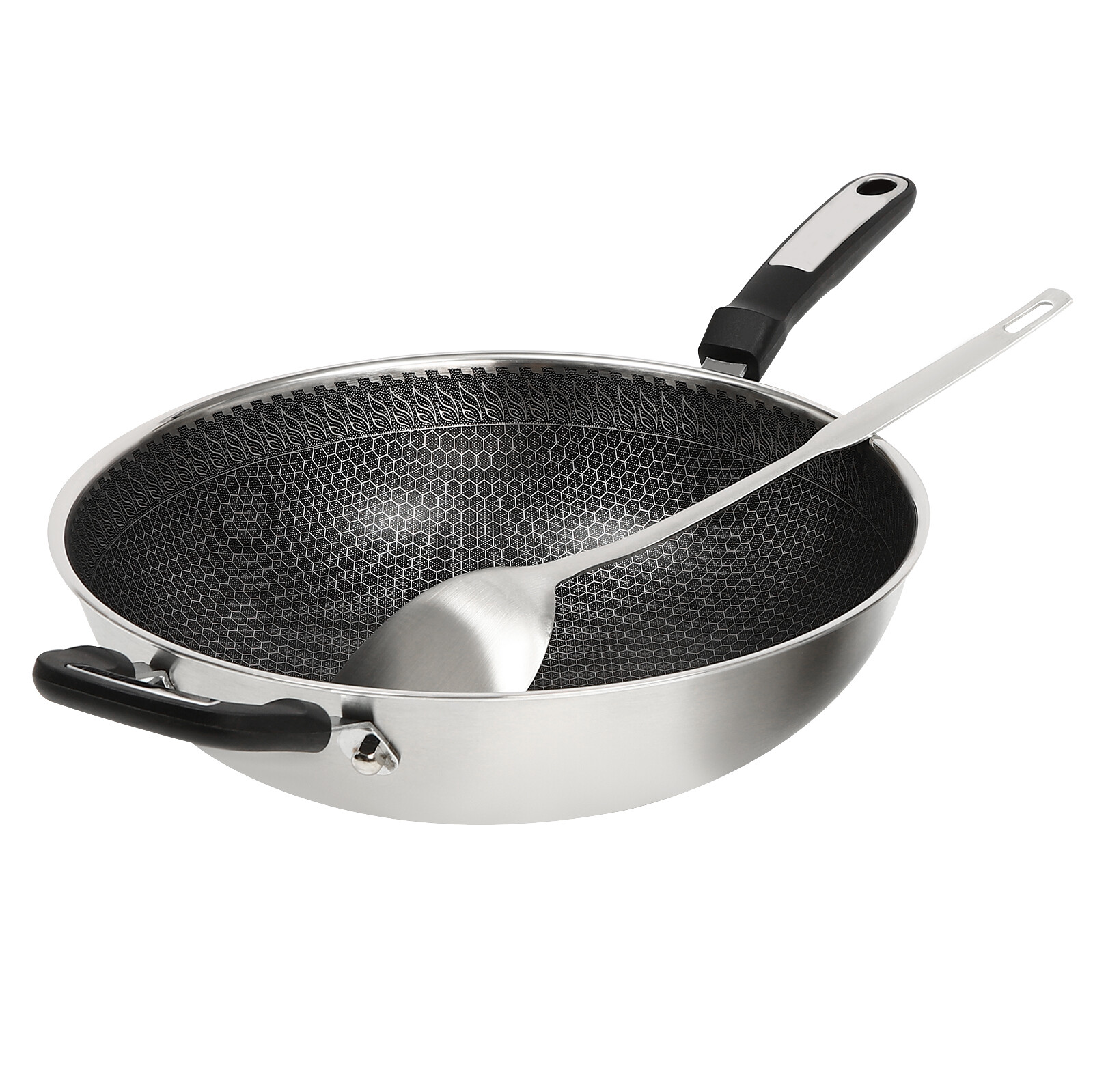 Nonstick Cooking Honeycomb Wok Pan w/Lid Steamer Pot Gas Cooktop Stainless Steel