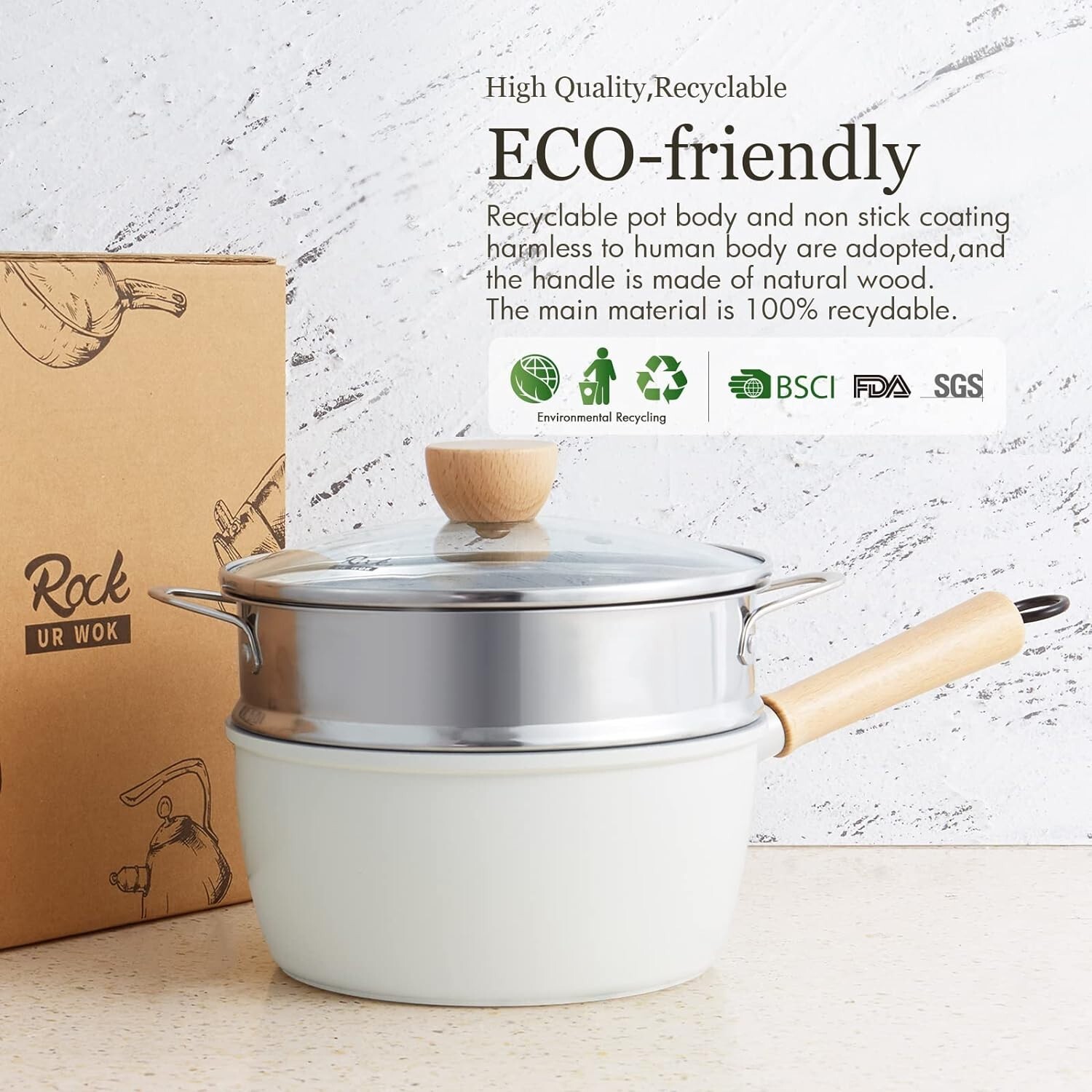 Ceramic Nonstick Sauce Pan, 3 QT Pot with Steamer, Wooden Handle, Universal Base
