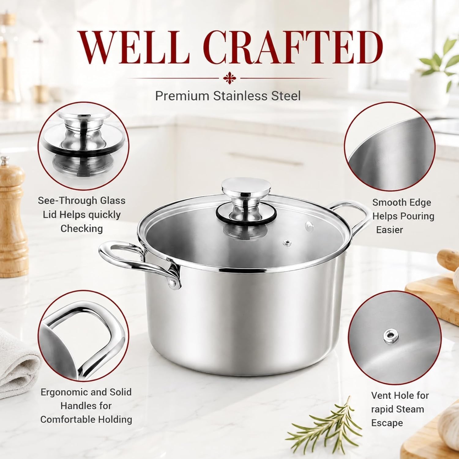 6 Quart Stock Pot, Stainless Steel Tri-Ply Cooking Pasta Pot with Tempered Gl…