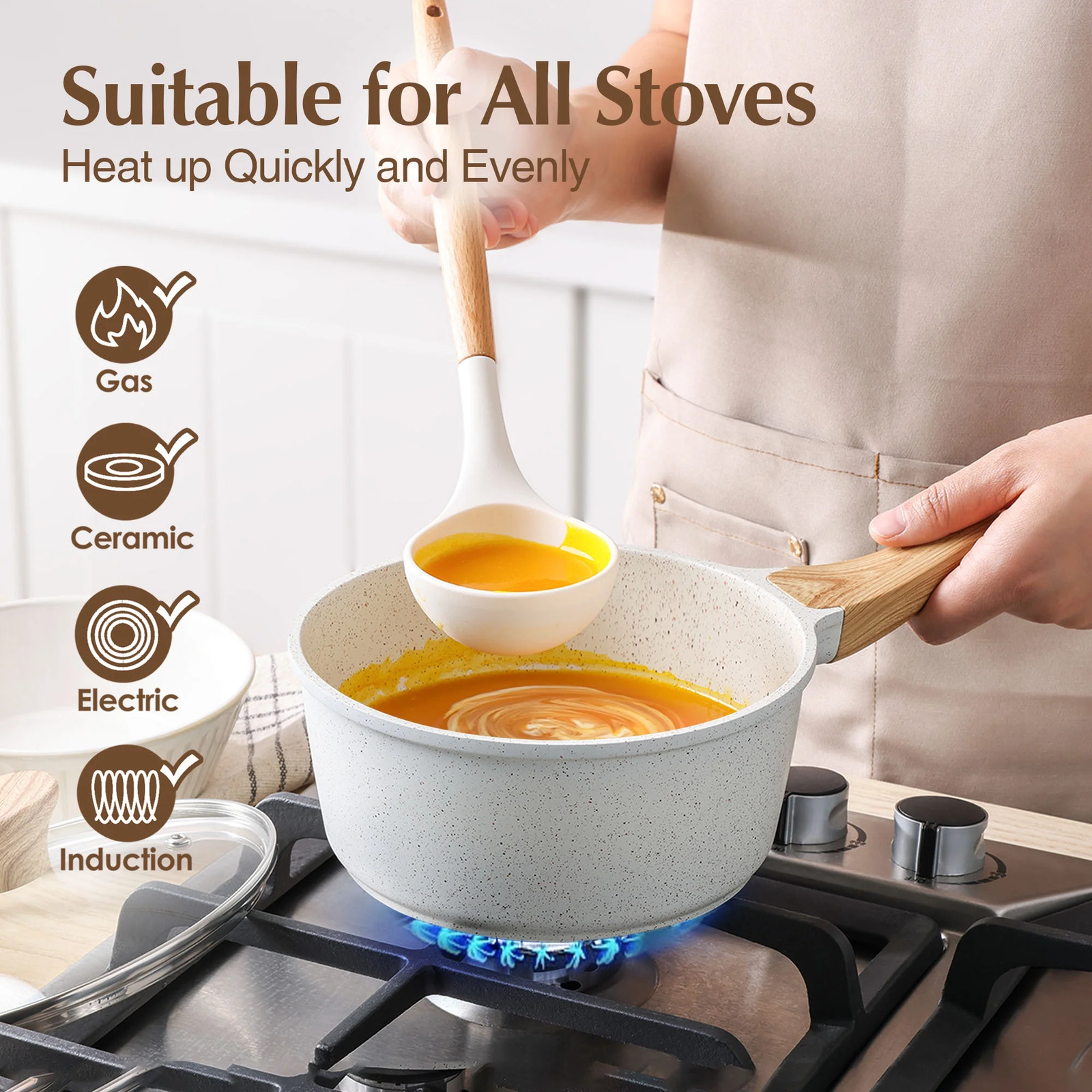 17 Pcs Ceramic Non-Stick Healthy Pots and Pans Cookware Set Toxic Free All Stove