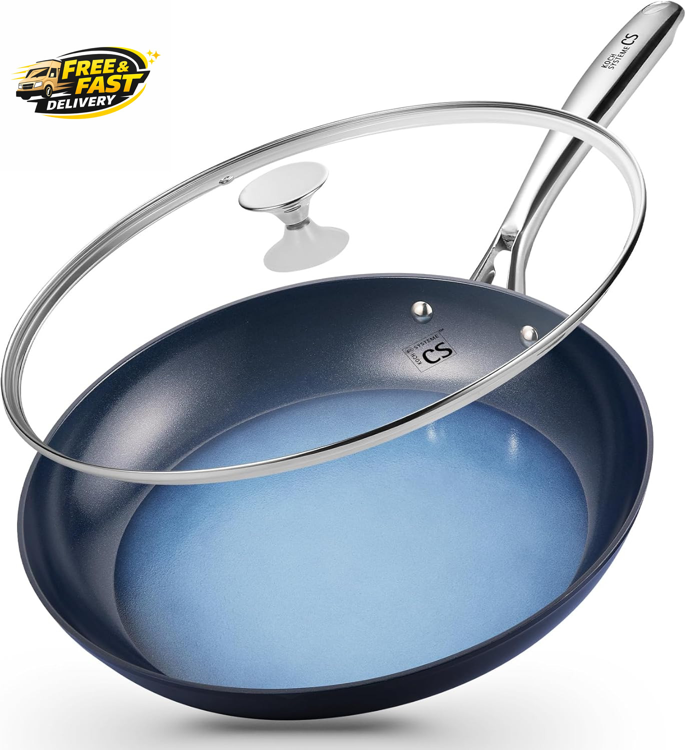 14 Inch Large Frying Pan with Lid, Nonstick Skillet with Ceramic Interior, Large