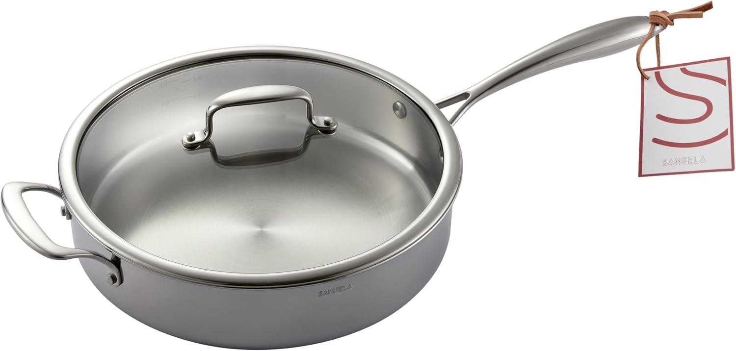 12 Inch/ 4.5 QT 5-Ply Stainless Steel Saute Pan with Glass Lid | Compatible with