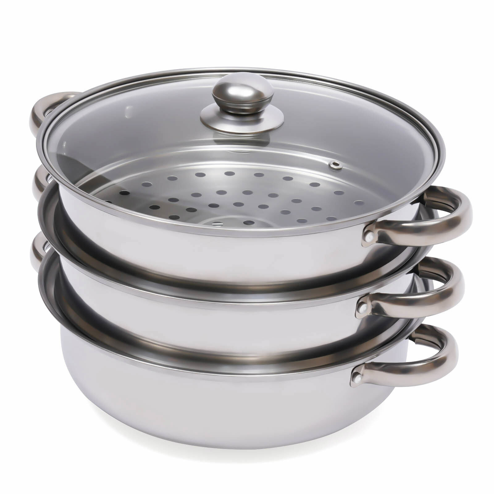 3 Tier Steamer Hot Pot Stainless Steel Cooker Steam Pot Food Cooking + Glass Lid