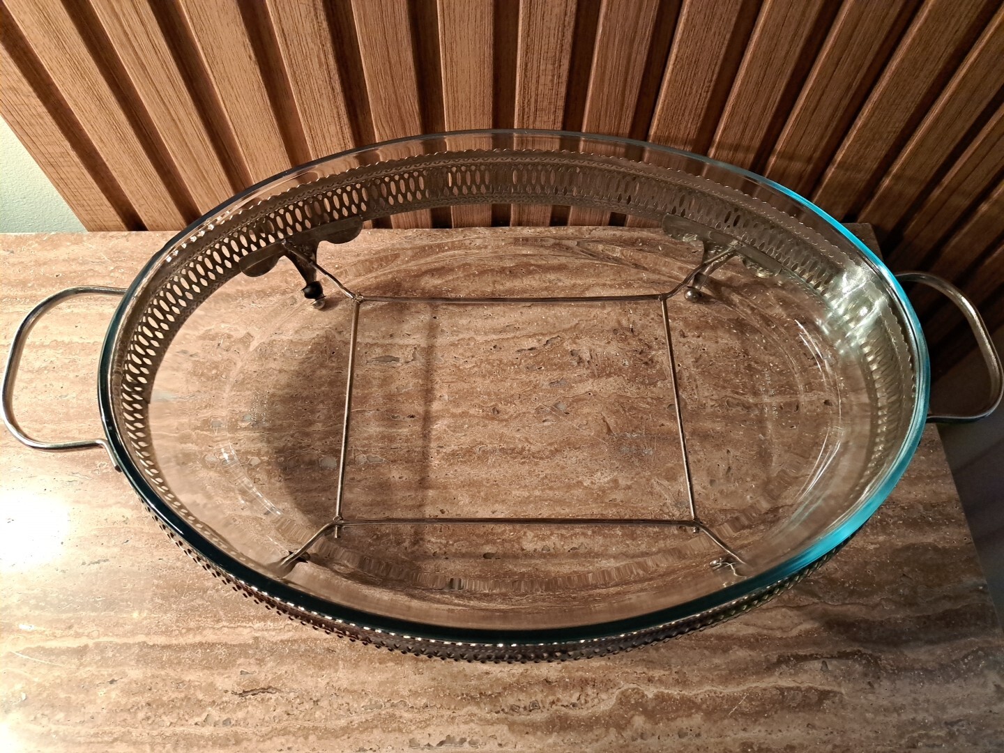 Marinex Casserole Serving Dish Oval 13.5 Inches Glass Silver Plate Vintage