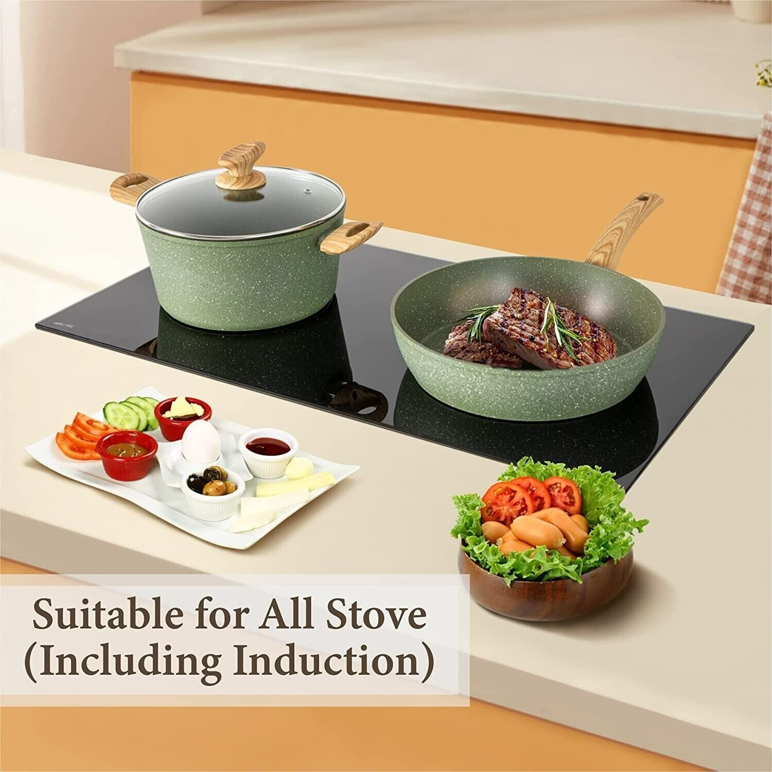 12Piece Kitchen Induction Cookware Set Granite Non Stick Pots and Pans Set w/Lid