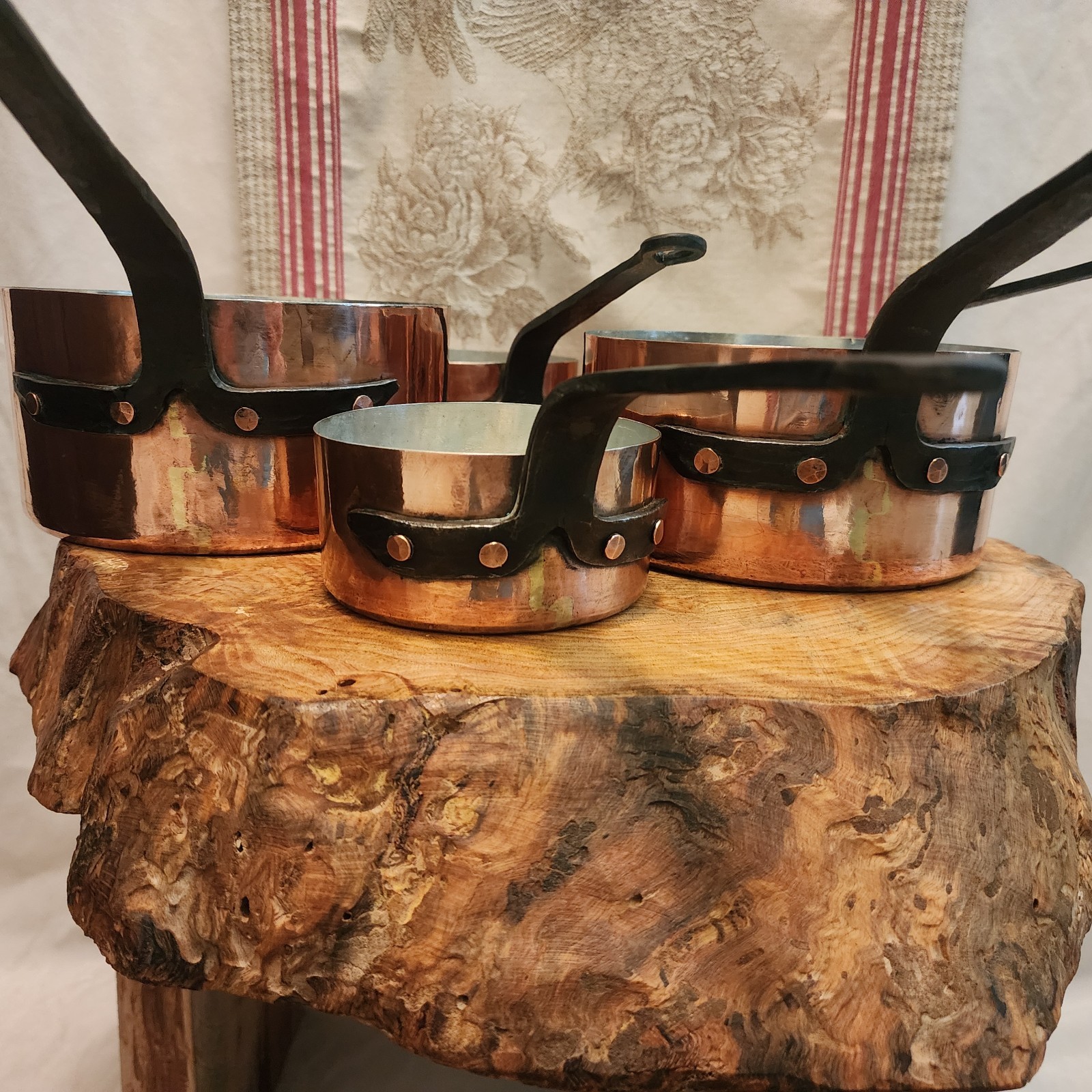 Antique Five Piece Set of Copper Saucepans 12-20cm 4.75-8 inch diameters 9.5lb